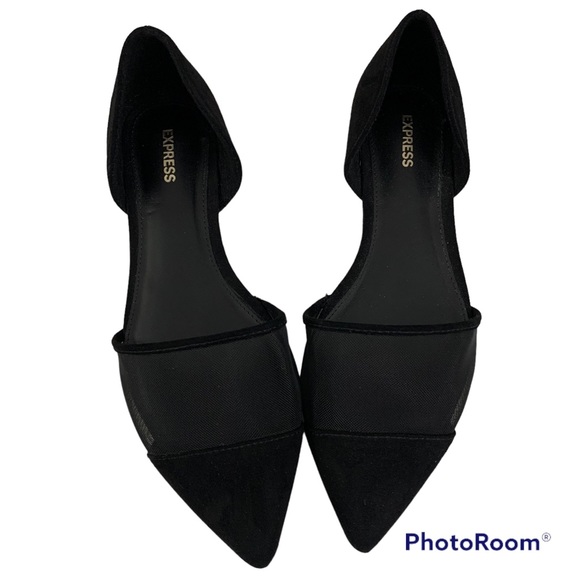 Express d’Orsay Pointed Toe Mesh Uppers Faux Suede Slip-On Flats Black 8 - Picture 6 of 9